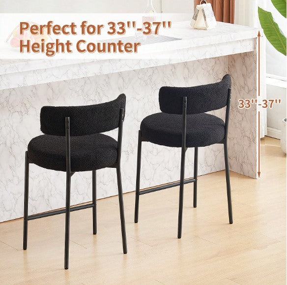 Black Furry Bar Stool Set With Metal Black Frame Modern Sherpa Upholstered Dining Chairs With Padded Seat Industrial Counter Stool For Home Bars Kitchens Cafes Lounges Luxurious Kitchen Chairs Room Decor