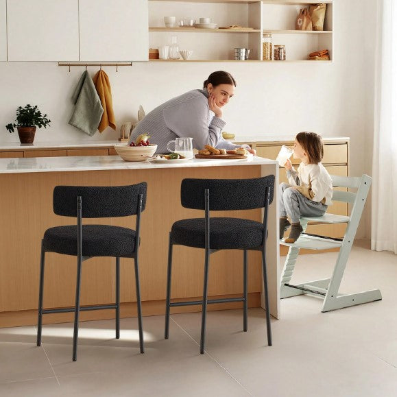 Black Furry Bar Stool Set With Metal Black Frame Modern Sherpa Upholstered Dining Chairs With Padded Seat Industrial Counter Stool For Home Bars Kitchens Cafes Lounges Luxurious Kitchen Chairs Room Decor