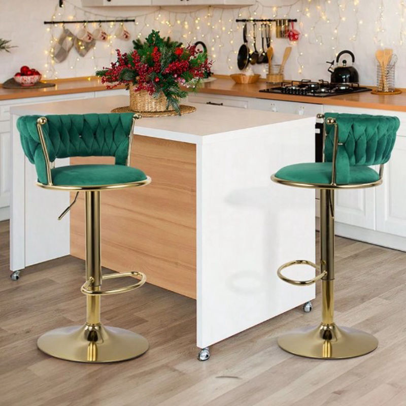 Modern Swivel Woven Velvet Bar Stools Set Of 2, Stool, 360° Swivel Adjustable Height Bar Stool With Backs Gold Metal Tall Bar Stools Counter Height For Kitchen Island Pub