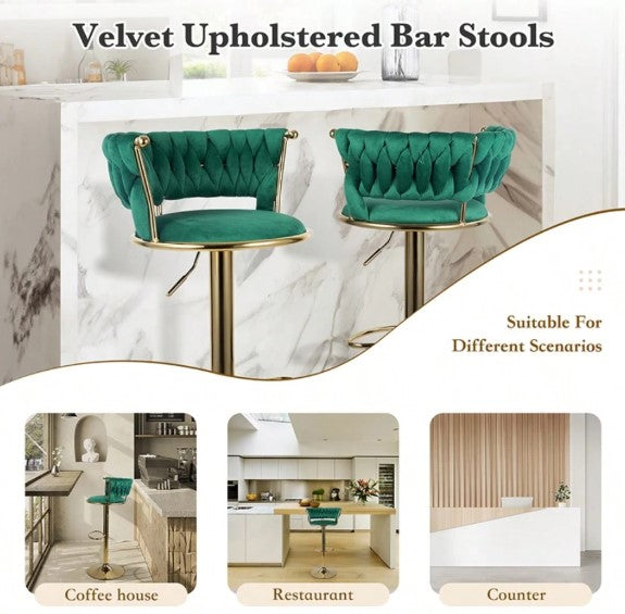 Modern Swivel Woven Velvet Bar Stools Set Of 2, Stool, 360° Swivel Adjustable Height Bar Stool With Backs Gold Metal Tall Bar Stools Counter Height For Kitchen Island Pub