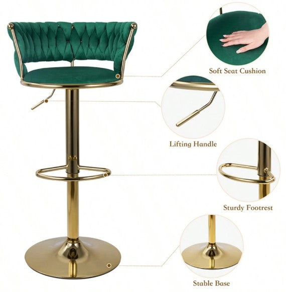 Modern Swivel Woven Velvet Bar Stools Set Of 2, Stool, 360° Swivel Adjustable Height Bar Stool With Backs Gold Metal Tall Bar Stools Counter Height For Kitchen Island Pub