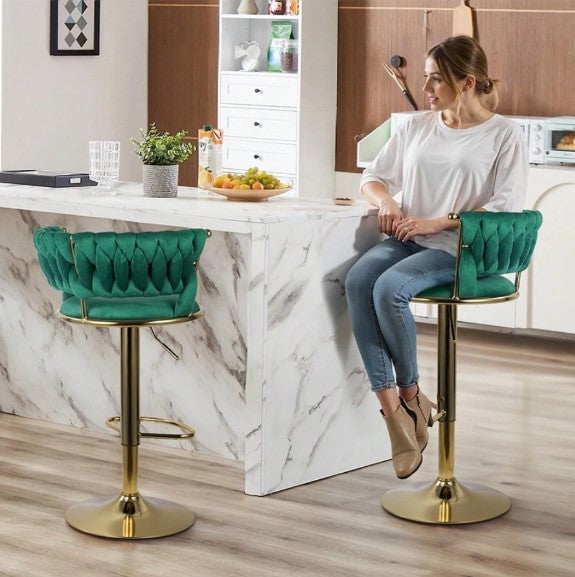 Modern Swivel Woven Velvet Bar Stools Set Of 2, Stool, 360° Swivel Adjustable Height Bar Stool With Backs Gold Metal Tall Bar Stools Counter Height For Kitchen Island Pub