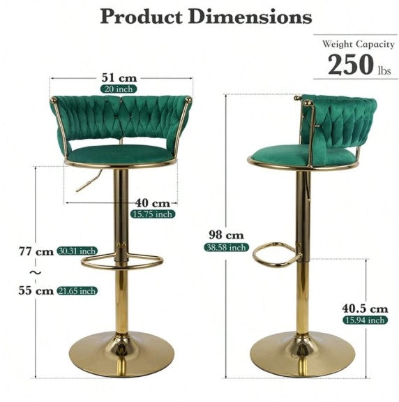 Modern Swivel Woven Velvet Bar Stools Set Of 2, Stool, 360° Swivel Adjustable Height Bar Stool With Backs Gold Metal Tall Bar Stools Counter Height For Kitchen Island Pub