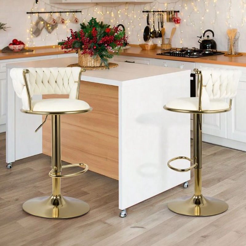 Modern Swivel Woven Velvet Bar Stools Set Of 2, Stool, 360° Swivel Adjustable Height Bar Stool With Backs Gold Metal Tall Bar Stools Counter Height For Kitchen Island Pub