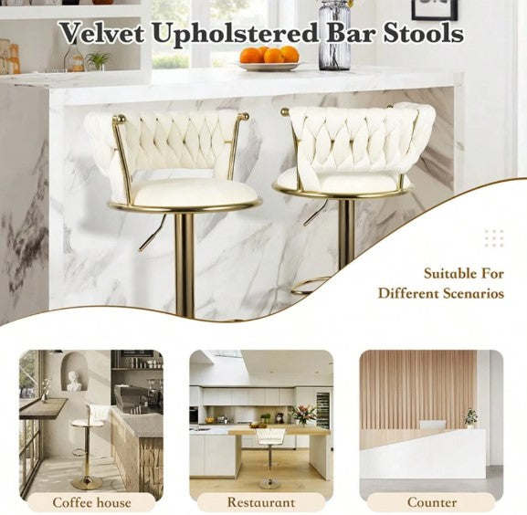 Modern Swivel Woven Velvet Bar Stools Set Of 2, Stool, 360° Swivel Adjustable Height Bar Stool With Backs Gold Metal Tall Bar Stools Counter Height For Kitchen Island Pub