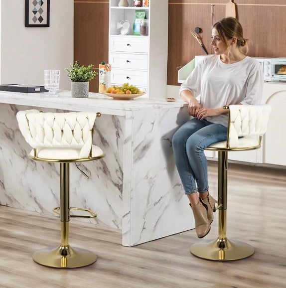 Modern Swivel Woven Velvet Bar Stools Set Of 2, Stool, 360° Swivel Adjustable Height Bar Stool With Backs Gold Metal Tall Bar Stools Counter Height For Kitchen Island Pub