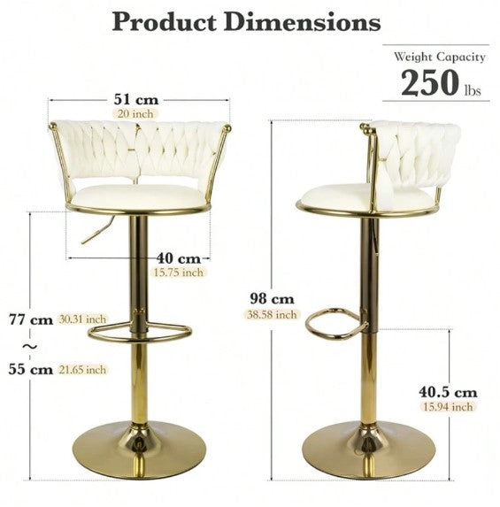 Modern Swivel Woven Velvet Bar Stools Set Of 2, Stool, 360° Swivel Adjustable Height Bar Stool With Backs Gold Metal Tall Bar Stools Counter Height For Kitchen Island Pub