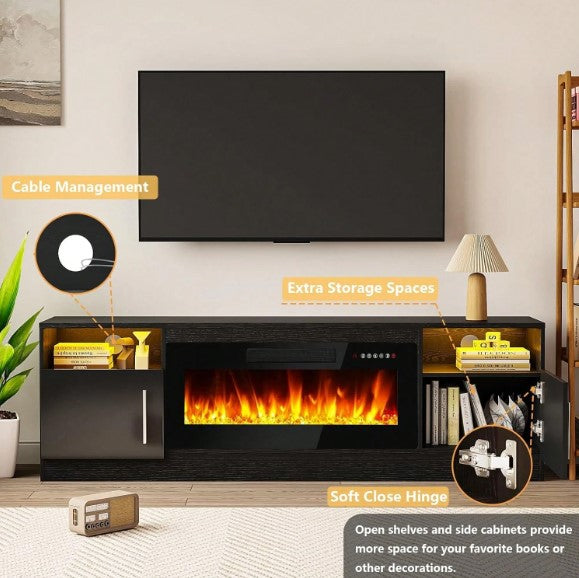 Fireplace TV Stand For TVs Up To 80", 70inch TV Stand With 36" Electric Fireplace, Entertainment Center With Fireplace, Entertainment Stand With Fireplace LED Light, Muebles Para Sala