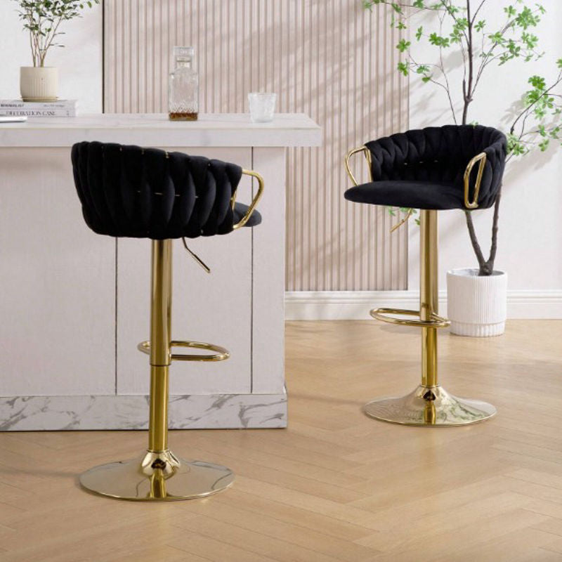 Bar Stools Set Of 2, Adjustable Barstools Counter Height Stools With Back And Arm, Velvet Woven Kitchen Island Stools With Gold Metal Leg & Base, 360° Swivel Bar Chairs