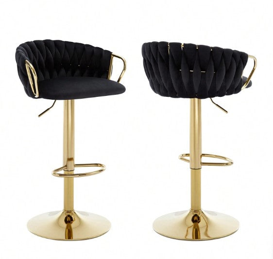 Bar Stools Set Of 2, Adjustable Barstools Counter Height Stools With Back And Arm, Velvet Woven Kitchen Island Stools With Gold Metal Leg & Base, 360° Swivel Bar Chairs