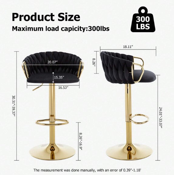 Bar Stools Set Of 2, Adjustable Barstools Counter Height Stools With Back And Arm, Velvet Woven Kitchen Island Stools With Gold Metal Leg & Base, 360° Swivel Bar Chairs
