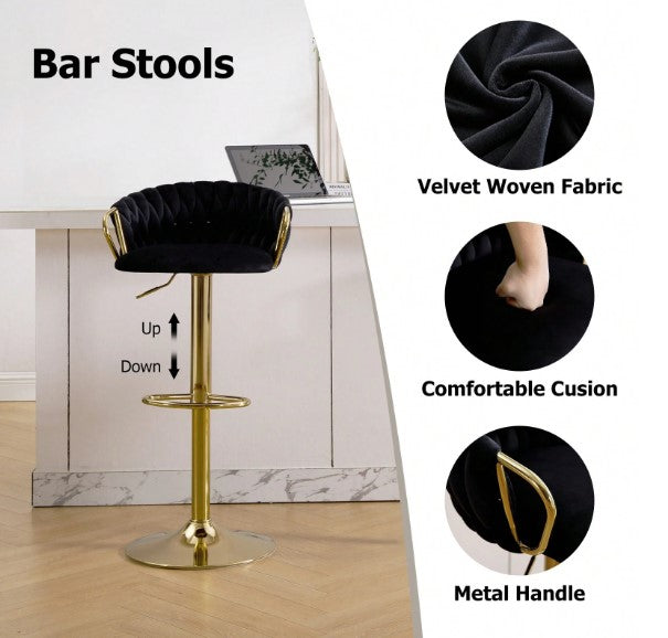 Bar Stools Set Of 2, Adjustable Barstools Counter Height Stools With Back And Arm, Velvet Woven Kitchen Island Stools With Gold Metal Leg & Base, 360° Swivel Bar Chairs