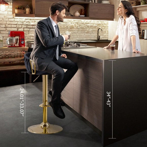 Bar Stools Set Of 2, Adjustable Barstools Counter Height Stools With Back And Arm, Velvet Woven Kitchen Island Stools With Gold Metal Leg & Base, 360° Swivel Bar Chairs