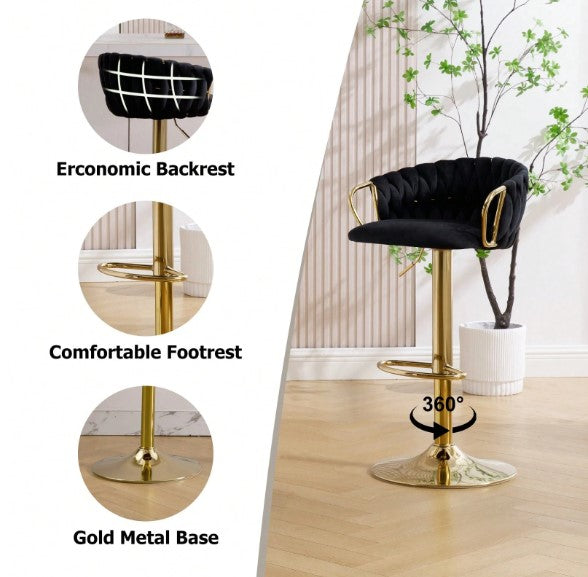 Bar Stools Set Of 2, Adjustable Barstools Counter Height Stools With Back And Arm, Velvet Woven Kitchen Island Stools With Gold Metal Leg & Base, 360° Swivel Bar Chairs