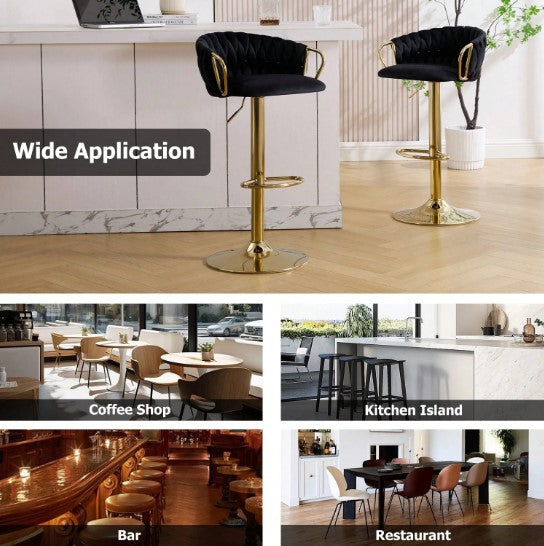 Bar Stools Set Of 2, Adjustable Barstools Counter Height Stools With Back And Arm, Velvet Woven Kitchen Island Stools With Gold Metal Leg & Base, 360° Swivel Bar Chairs