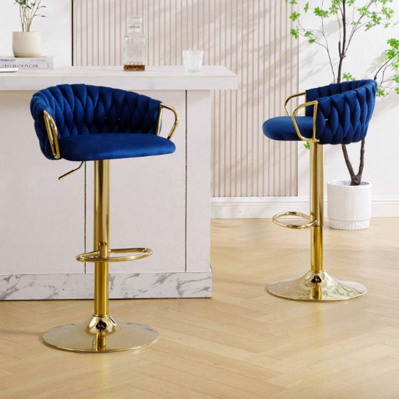 Bar Stools Set Of 2, Adjustable Barstools Counter Height Stools With Back And Arm, Velvet Woven Kitchen Island Stools With Gold Metal Leg & Base, 360° Swivel Bar Chairs