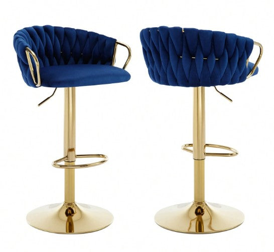 Bar Stools Set Of 2, Adjustable Barstools Counter Height Stools With Back And Arm, Velvet Woven Kitchen Island Stools With Gold Metal Leg & Base, 360° Swivel Bar Chairs