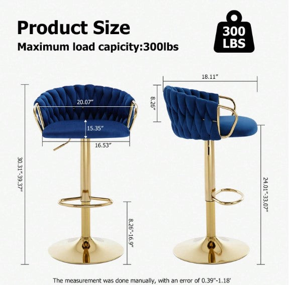 Bar Stools Set Of 2, Adjustable Barstools Counter Height Stools With Back And Arm, Velvet Woven Kitchen Island Stools With Gold Metal Leg & Base, 360° Swivel Bar Chairs