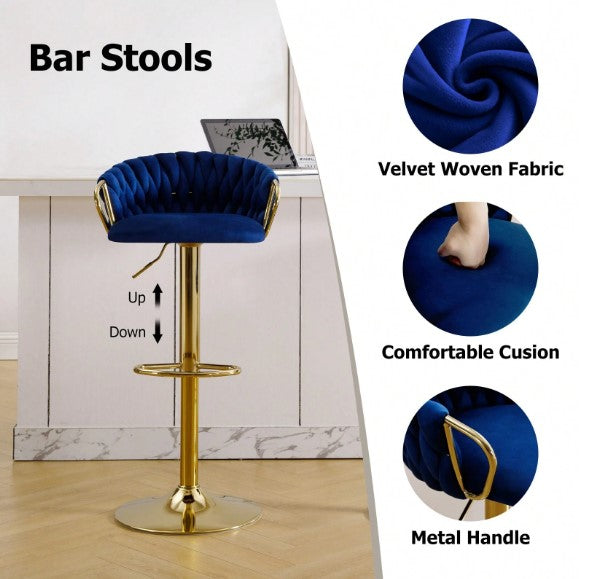 Bar Stools Set Of 2, Adjustable Barstools Counter Height Stools With Back And Arm, Velvet Woven Kitchen Island Stools With Gold Metal Leg & Base, 360° Swivel Bar Chairs