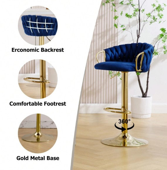 Bar Stools Set Of 2, Adjustable Barstools Counter Height Stools With Back And Arm, Velvet Woven Kitchen Island Stools With Gold Metal Leg & Base, 360° Swivel Bar Chairs