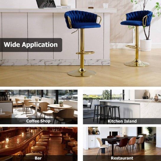 Bar Stools Set Of 2, Adjustable Barstools Counter Height Stools With Back And Arm, Velvet Woven Kitchen Island Stools With Gold Metal Leg & Base, 360° Swivel Bar Chairs