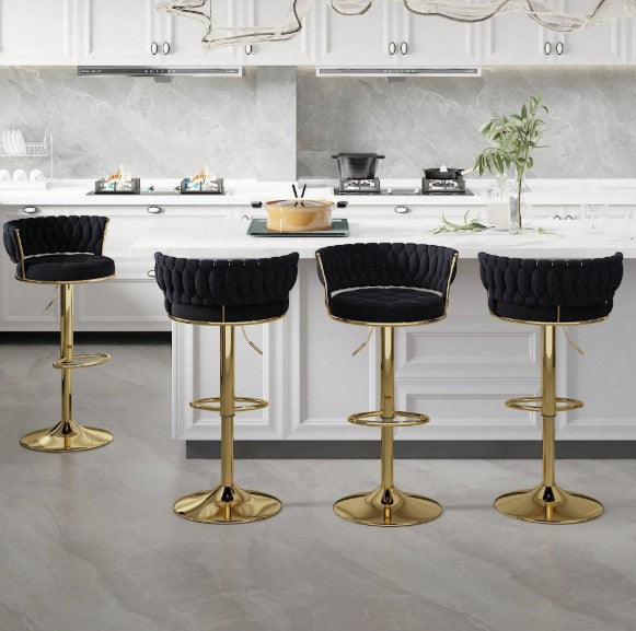 Bar Stools Set, Adjustable Barstools Counter Height Stools With Back And Arm, Velvet Woven Kitchen Island Stools W/Gold Metal Leg & Base, 360° Swivel Bar Chair