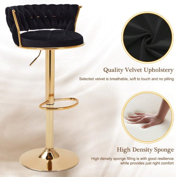 Bar Stools Set, Adjustable Barstools Counter Height Stools With Back And Arm, Velvet Woven Kitchen Island Stools W/Gold Metal Leg & Base, 360° Swivel Bar Chair