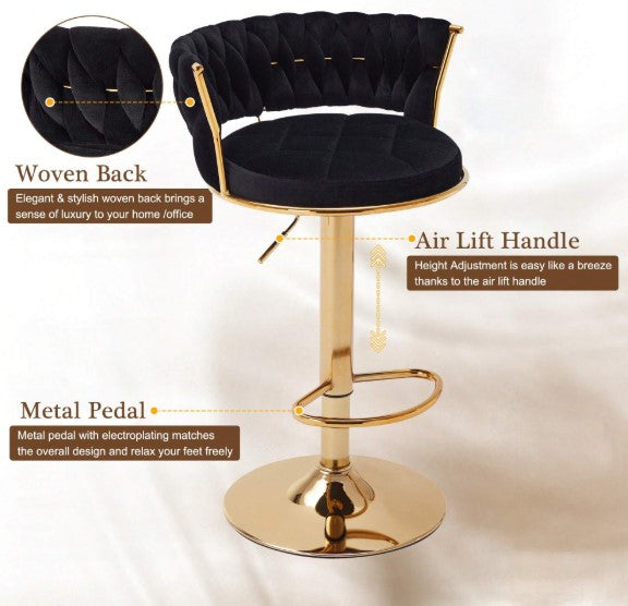 Bar Stools Set, Adjustable Barstools Counter Height Stools With Back And Arm, Velvet Woven Kitchen Island Stools W/Gold Metal Leg & Base, 360° Swivel Bar Chair