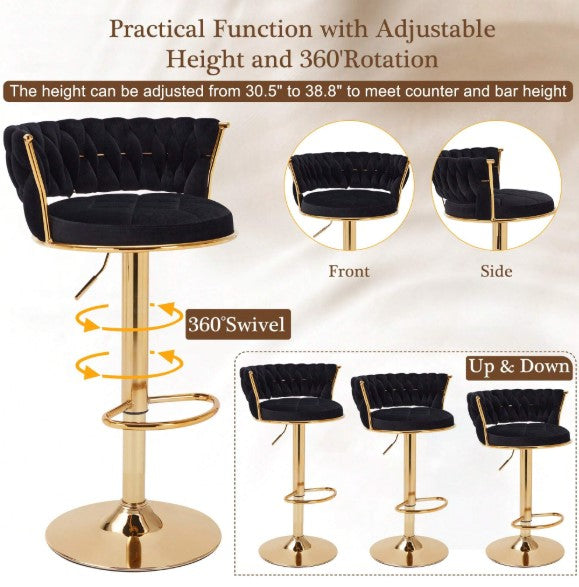 Bar Stools Set, Adjustable Barstools Counter Height Stools With Back And Arm, Velvet Woven Kitchen Island Stools W/Gold Metal Leg & Base, 360° Swivel Bar Chair