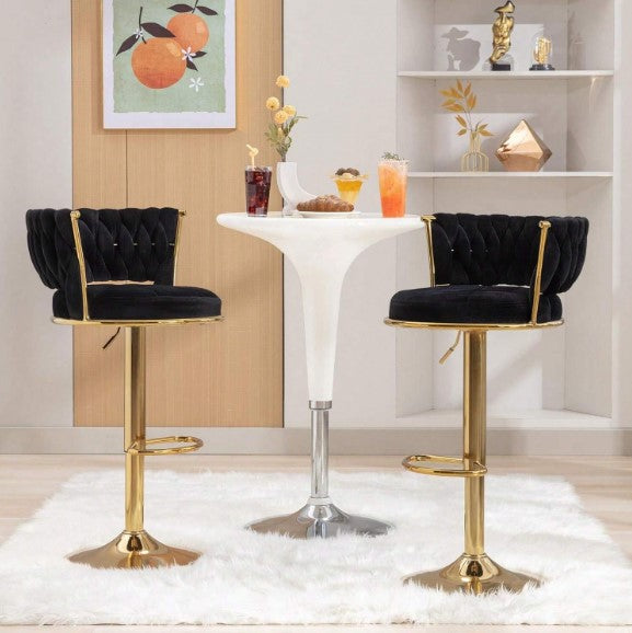 Bar Stools Set, Adjustable Barstools Counter Height Stools With Back And Arm, Velvet Woven Kitchen Island Stools W/Gold Metal Leg & Base, 360° Swivel Bar Chair