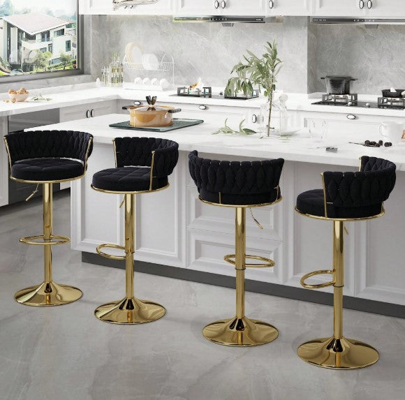 Bar Stools Set, Adjustable Barstools Counter Height Stools With Back And Arm, Velvet Woven Kitchen Island Stools W/Gold Metal Leg & Base, 360° Swivel Bar Chair