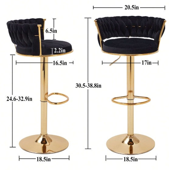 Bar Stools Set, Adjustable Barstools Counter Height Stools With Back And Arm, Velvet Woven Kitchen Island Stools W/Gold Metal Leg & Base, 360° Swivel Bar Chair