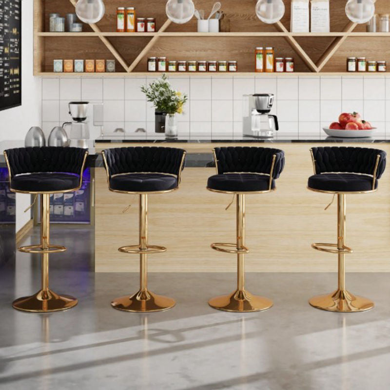 Bar Stools Set, Adjustable Barstools Counter Height Stools With Back And Arm, Velvet Woven Kitchen Island Stools W/Gold Metal Leg & Base, 360° Swivel Bar Chair