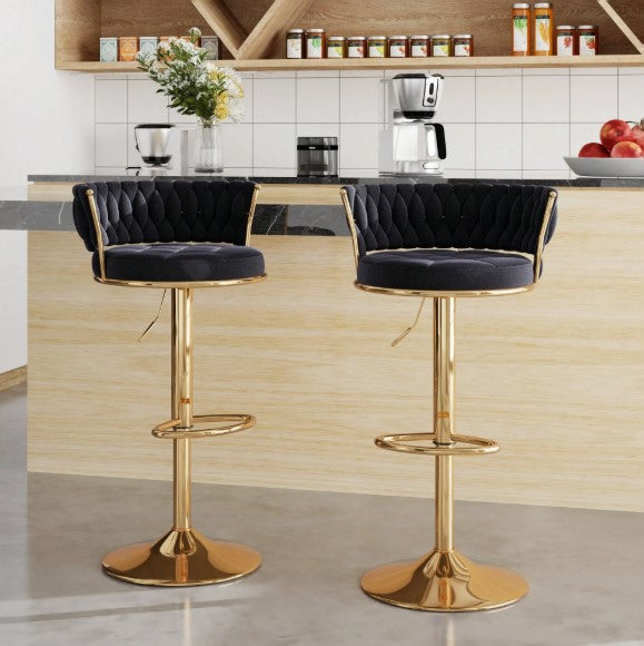 Bar Stools Set, Adjustable Barstools Counter Height Stools With Back And Arm, Velvet Woven Kitchen Island Stools W/Gold Metal Leg & Base, 360° Swivel Bar Chair