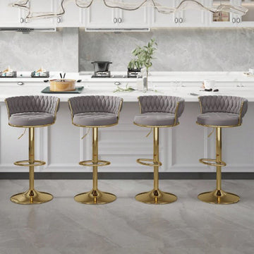 Bar Stools Set, Adjustable Barstools Counter Height Stools With Back And Arm, Velvet Woven Kitchen Island Stools W/Gold Metal Leg & Base, 360° Swivel Bar Chair