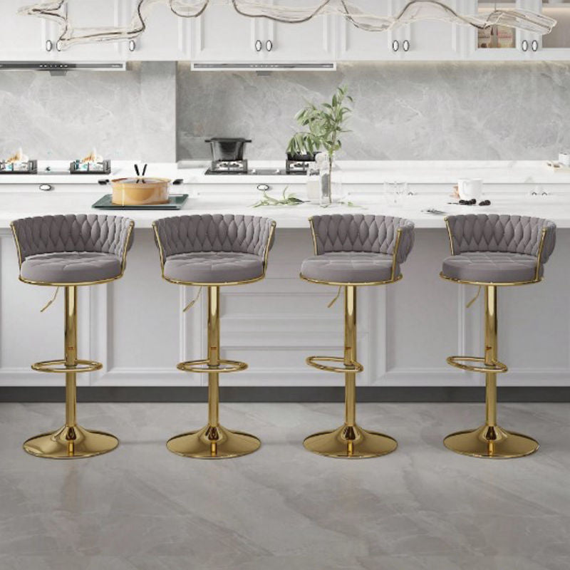 Bar Stools Set, Adjustable Barstools Counter Height Stools With Back And Arm, Velvet Woven Kitchen Island Stools W/Gold Metal Leg & Base, 360° Swivel Bar Chair