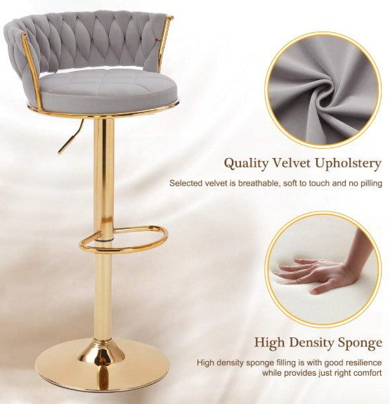 Bar Stools Set, Adjustable Barstools Counter Height Stools With Back And Arm, Velvet Woven Kitchen Island Stools W/Gold Metal Leg & Base, 360° Swivel Bar Chair
