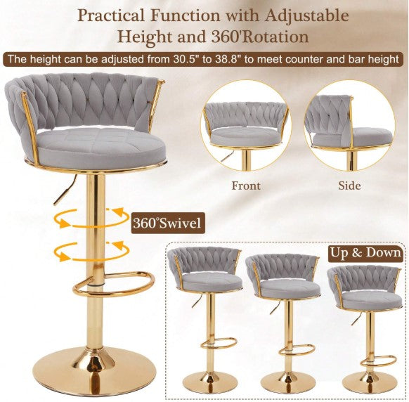 Bar Stools Set, Adjustable Barstools Counter Height Stools With Back And Arm, Velvet Woven Kitchen Island Stools W/Gold Metal Leg & Base, 360° Swivel Bar Chair