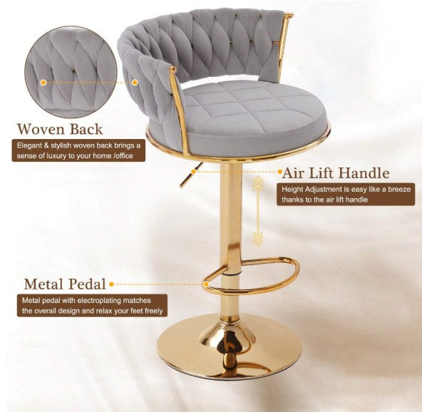 Bar Stools Set, Adjustable Barstools Counter Height Stools With Back And Arm, Velvet Woven Kitchen Island Stools W/Gold Metal Leg & Base, 360° Swivel Bar Chair