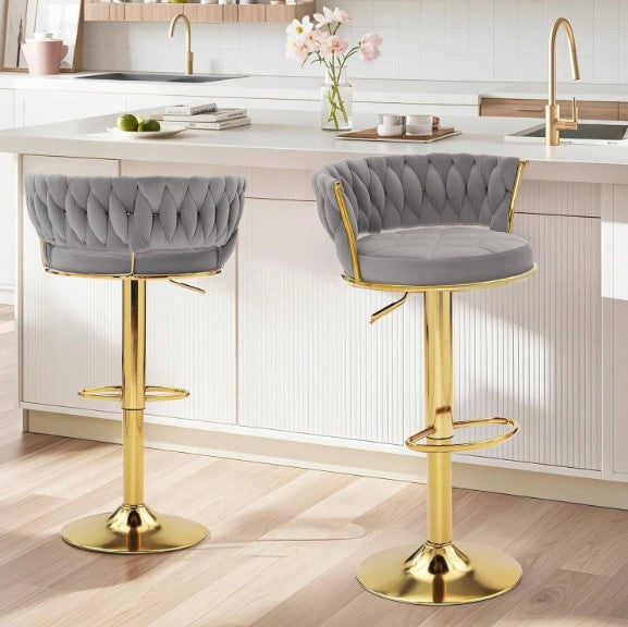 Bar Stools Set, Adjustable Barstools Counter Height Stools With Back And Arm, Velvet Woven Kitchen Island Stools W/Gold Metal Leg & Base, 360° Swivel Bar Chair