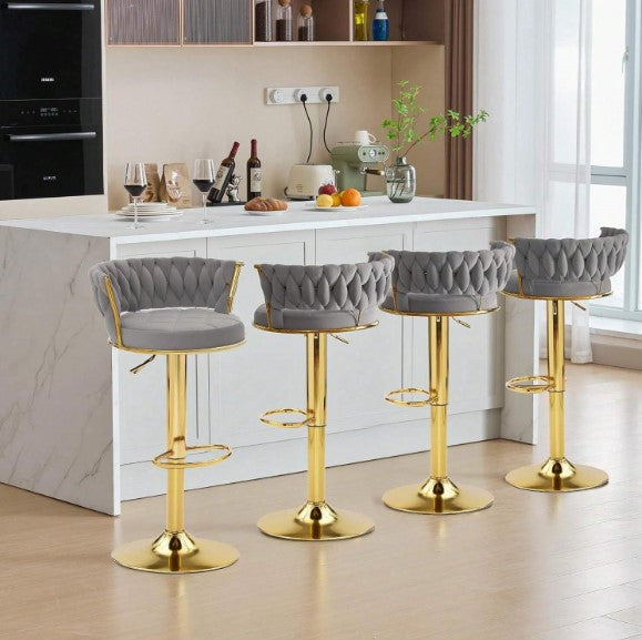 Bar Stools Set, Adjustable Barstools Counter Height Stools With Back And Arm, Velvet Woven Kitchen Island Stools W/Gold Metal Leg & Base, 360° Swivel Bar Chair