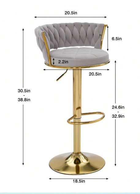 Bar Stools Set, Adjustable Barstools Counter Height Stools With Back And Arm, Velvet Woven Kitchen Island Stools W/Gold Metal Leg & Base, 360° Swivel Bar Chair