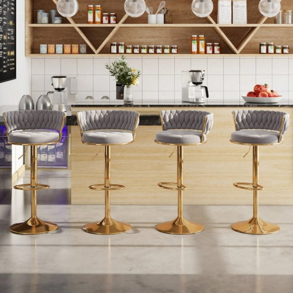Bar Stools Set, Adjustable Barstools Counter Height Stools With Back And Arm, Velvet Woven Kitchen Island Stools W/Gold Metal Leg & Base, 360° Swivel Bar Chair