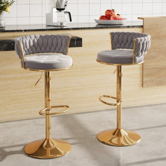 Bar Stools Set, Adjustable Barstools Counter Height Stools With Back And Arm, Velvet Woven Kitchen Island Stools W/Gold Metal Leg & Base, 360° Swivel Bar Chair
