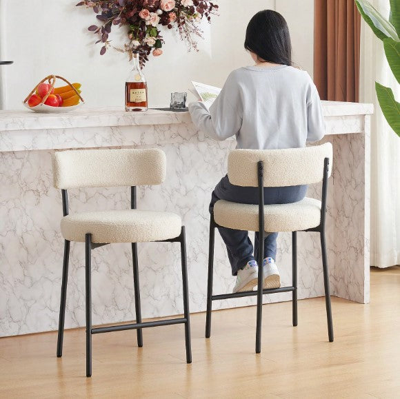 Ivory White Furry Bar Stool Set With Metal Black Frame Modern Sherpa Upholstered Dining Chairs With Padded Seat Industrial Counter Stool For Home Bars Kitchens Cafes Lounges Luxurious Kitchen Chairs Room Decor