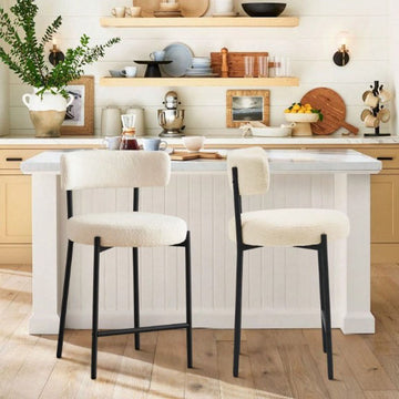 Ivory White Furry Bar Stool Set With Metal Black Frame Modern Sherpa Upholstered Dining Chairs With Padded Seat Industrial Counter Stool For Home Bars Kitchens Cafes Lounges Luxurious Kitchen Chairs Room Decor