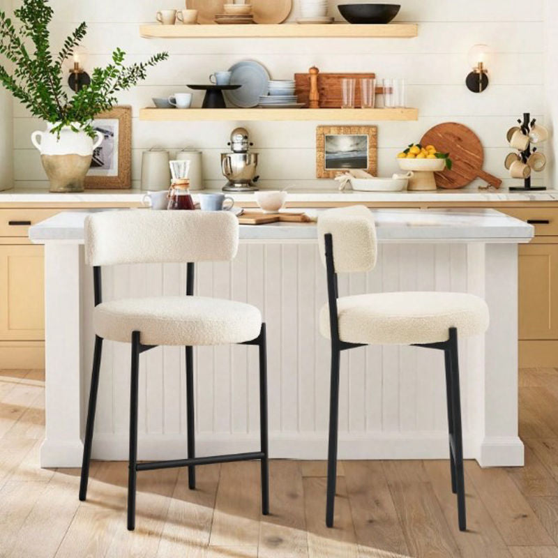 Ivory White Furry Bar Stool Set With Metal Black Frame Modern Sherpa Upholstered Dining Chairs With Padded Seat Industrial Counter Stool For Home Bars Kitchens Cafes Lounges Luxurious Kitchen Chairs Room Decor