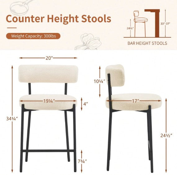 Ivory White Furry Bar Stool Set With Metal Black Frame Modern Sherpa Upholstered Dining Chairs With Padded Seat Industrial Counter Stool For Home Bars Kitchens Cafes Lounges Luxurious Kitchen Chairs Room Decor