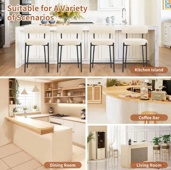 Ivory White Furry Bar Stool Set With Metal Black Frame Modern Sherpa Upholstered Dining Chairs With Padded Seat Industrial Counter Stool For Home Bars Kitchens Cafes Lounges Luxurious Kitchen Chairs Room Decor