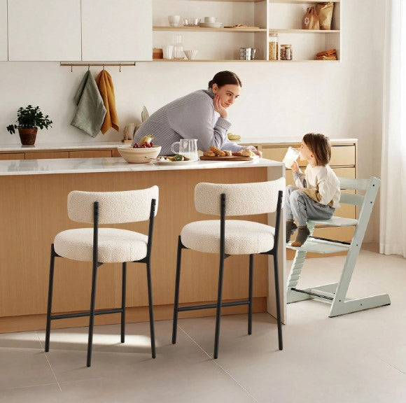 Ivory White Furry Bar Stool Set With Metal Black Frame Modern Sherpa Upholstered Dining Chairs With Padded Seat Industrial Counter Stool For Home Bars Kitchens Cafes Lounges Luxurious Kitchen Chairs Room Decor